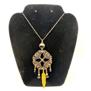 Gemelli Antique Brass Filigree Dreamcatcher Necklace Black‎ Crystal Feather Boho